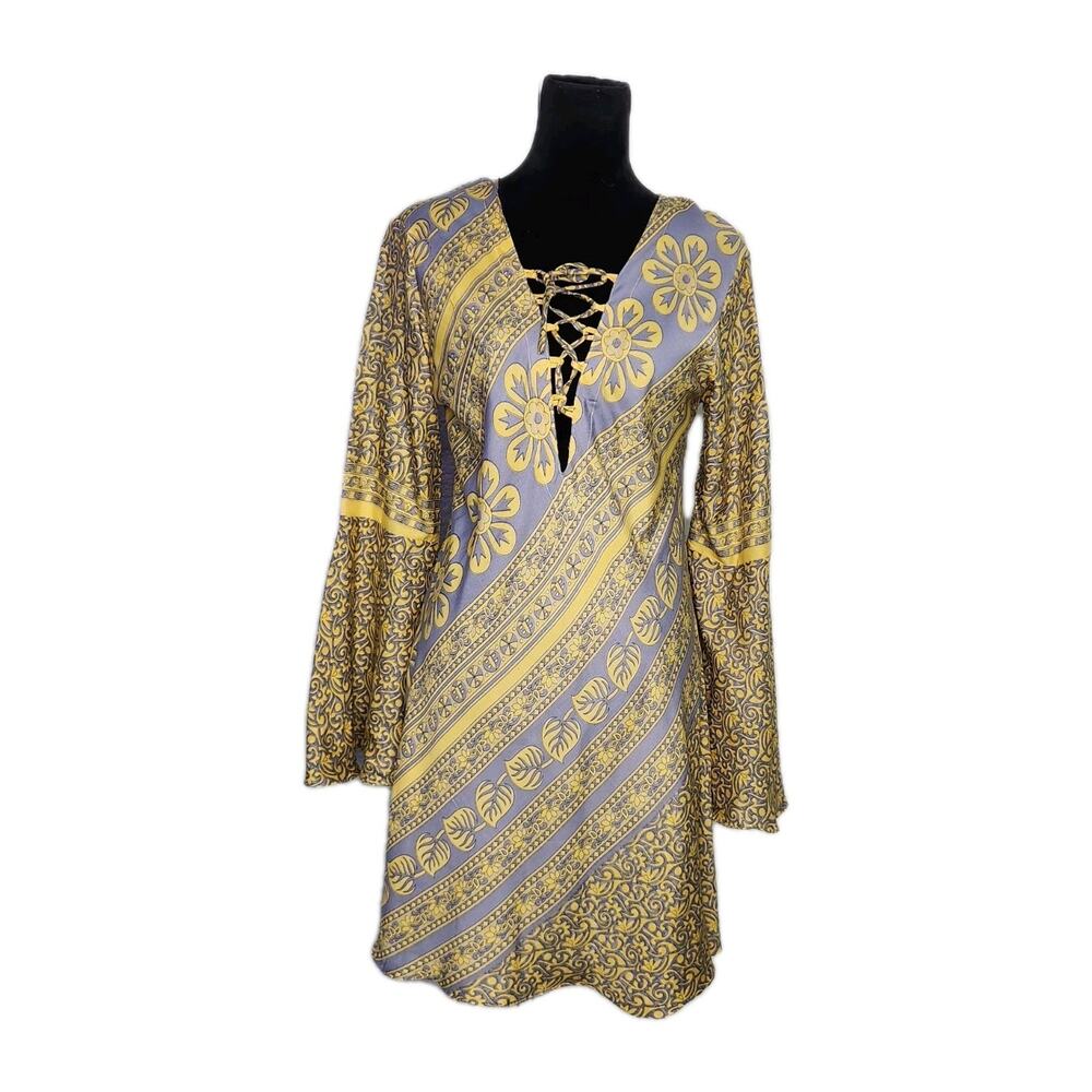 Zury Women's Mini Floral Dress Long Bell Sleeve Lace up Boho Hippie M/L Euc
